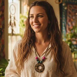 HANDCRAFTED Upcycled Bohemian Wooden Pendant Necklace HANDMADE Boho Jewelry